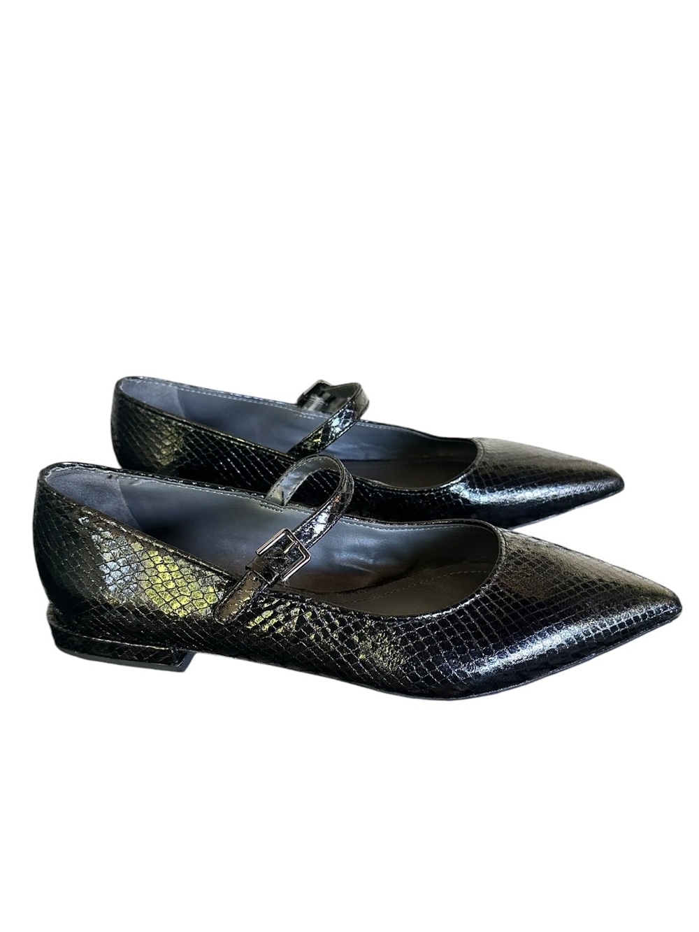 FRANCO SARTO Nalin Black Snakeskin Patent Leather Pointed Toe Mary Jane Flats - Picture 3 of 10